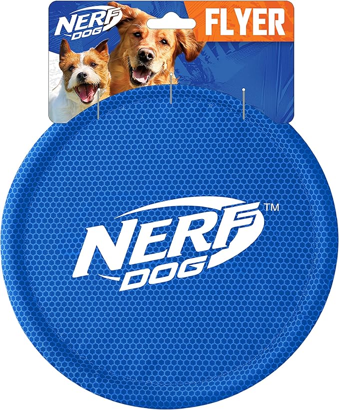 Nerf Dog Nylon Flyer Dog Toy, Flying Disc, Lightweight, Durable and Water Resistant, Great for Beach and Pool, 9 inch diameter, for Medium/Large Breeds, Single Unit, Blue