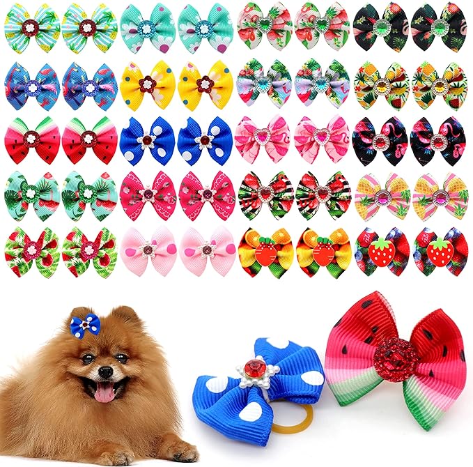 Christmas Dog Hair Bows - Cute Puppy Bowknots with Rubber Bands, Pet Grooming Accessories for Party