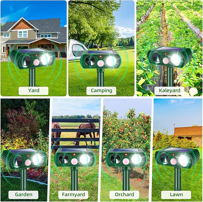 2026 Upgraded Solar Ultrasonic Animal Repellent Cat Deterrent Outdoor Deer Repellent Devices Motion Detection Strobe Light,Waterproof Squirrel Skunk Raccoon Dog Rabbit Deterrent for Garden Yard,4 Pack