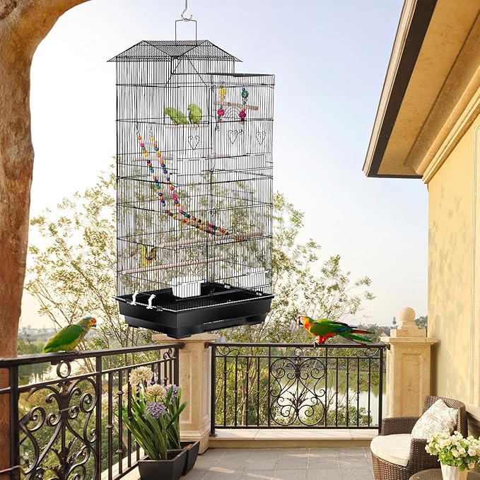 SUPER DEAL 39'' Roof Top Parrot Bird Cage with Toys for Cockatiel Sun Conure Parakeet Finch Budgie Lovebird Canary Large Flight Pet House