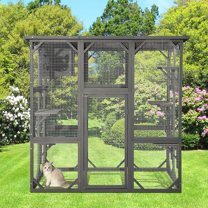 Grepatio Cat Enclosure Large Outdoor Catio Wooden Cat House with Weatherproof, Cat Cage Condo Indoor Playpen with Platform and Small House (Grey)