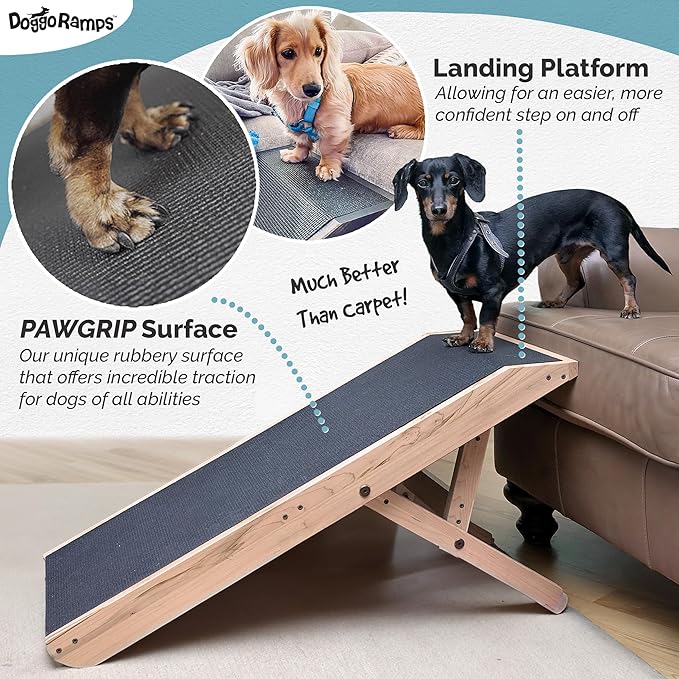 DoggoRamps Dog Ramp for Couch - Furniture Quality Solid Maple - with Anti-Slip Grip & Landing Platform - Adjustable Dog Ramp 14" to 21" - Couch Ramp for Dogs up to 150lbs - Made in North America