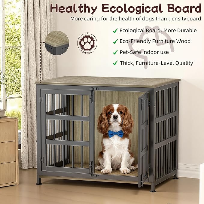 33'' Dog Crate Furniture Large Breed Dog Crate Dog Kennels for Inside Wooden Dog Crates End Table Heavy Duty Indoor Combination Cage for Medium to Large Dogs Maple