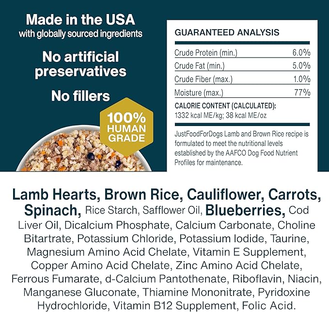 JustFoodForDogs Pantry Fresh Wet Dog Food, Complete Meal or Dog Food Topper, Lamb & Brown Rice Human Grade Dog Food Recipe - 12.5 oz (Pack of 12)