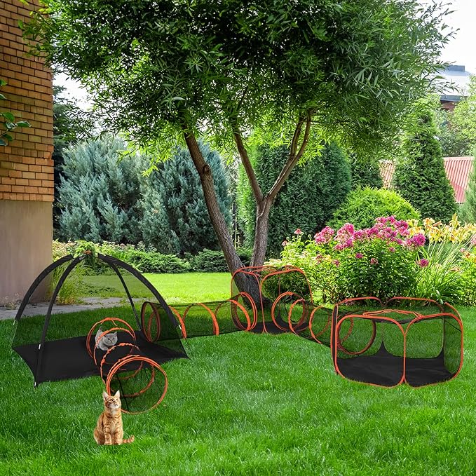VINGLI Cat Tunnel, Outdoor Cat Enclosure, Large Catio, Outdoor Tunnels for Kittens with Storage Bag (Black&Orange, 6 in 1)