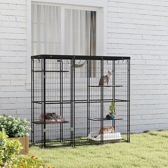 PawHut 4-Level 69" Large Catio Outdoor Indoor Weld Wire, Cat Enclosure with Waterproof Cover, 4 Jumping Platforms, Hammock, Cat Shelter for 1-3 Kittens, 69" x 22" x 62", Black