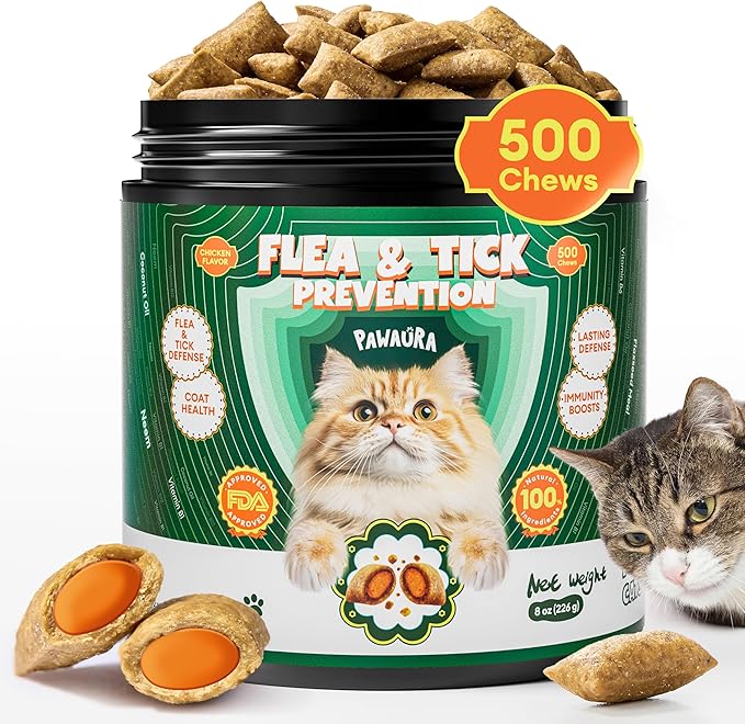 Flea and Tick Prevention for Cats – 500 Crunchy & Creamy Chews, Cat Flea Chewables with Skin & Coat Support – Oral Supplement for All Breeds & Ages