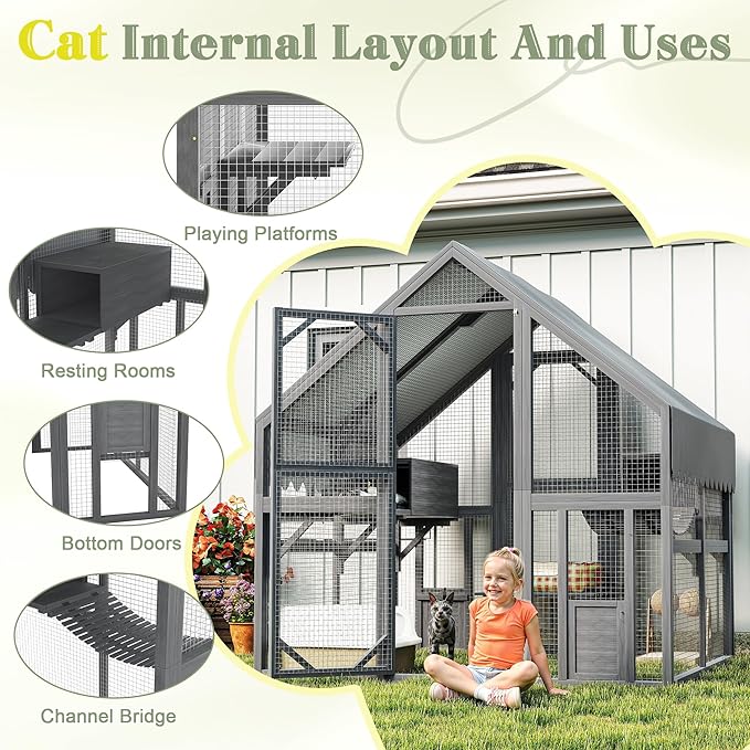 KEIKI 74" Large Outdoor Cat Enclosure for Multiple Cats, Weatherproof Wooden Catio with Platforms, Resting Boxes, Bridges and Canopy, Outdoor Cat House Cat Cage Outdoor, Gray