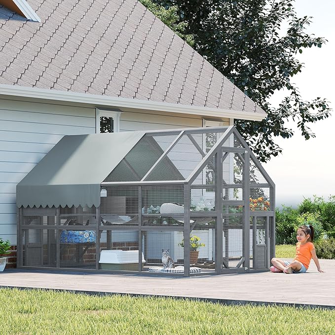 KEIKI 110" Large Outdoor Cat Enclosure for Multiple Cats, Weatherproof Wooden Catio with 7 Platforms, 2 Resting Boxes, 2 Bridges & Canopy, Secure Outdoor Cat House, Gray