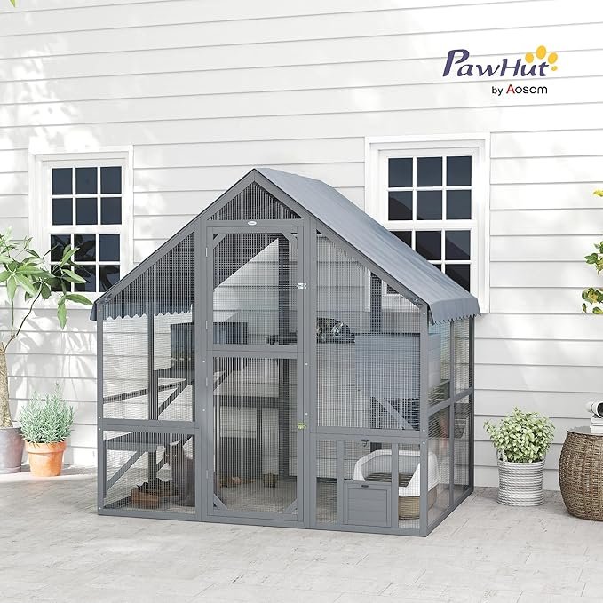 PawHut 73" L Large Catio Outdoor Cat Enclosure for Multiple Kittens, 28 sq.ft Wooden Cat House with Waterproof Cover, Walk in Kitty Cage Kennel with 2 Condos, 4 Platforms, Bridge, Doors, Gray
