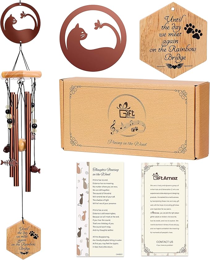 Cat Memorial Wind Chime, 24 Inch Pet Sympathy Wind Chimes for Outdoor Garden Patio Porch Decoration