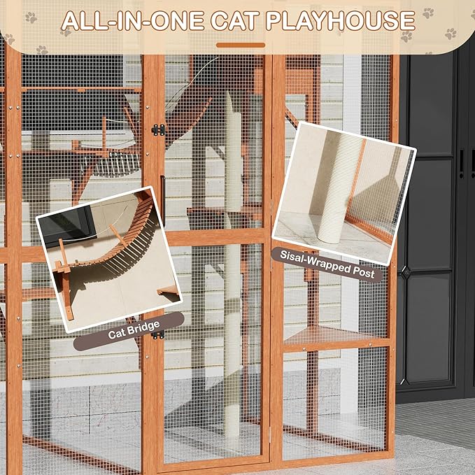 Large Walk-in Catio Wooden cat Houses for Multiple Outdoor Cats, Outdoor cat Enclosure with 4 Bridges & Transparent PVC Roof & sisal Scratcher, Kitty cat Condo Shelters (Orange)