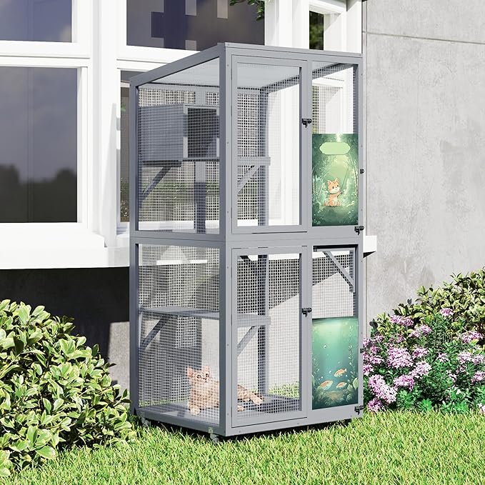 COZIWOW Large Catio Outdoor Cat Enclosure Window Access, Outdoor Cat House with Wheels, Cage for Cats Indoor (Grey, Extra Large)