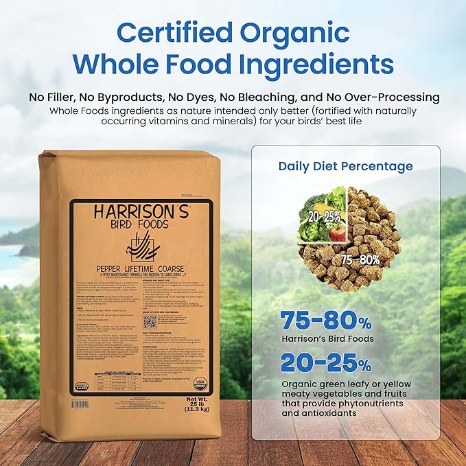 Harrison's Bird Foods Pepper Lifetime Coarse Certified Organic Non-GMO, Daily Pet Bird Food for Medium & Large Birds- Spicy Maintenance Formula for Parrots, Pinous, Eclectus, Macaws etc, 11.3kg / 25lb