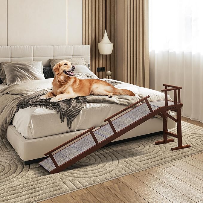 Onelike Wooden Dog Ramp for Bed with Removable Side Rail and Non-Slip Carpet, Stable Pet Ramp Stair for Couch Sofa for Small & Large & Senior Dogs, 74" Long Ramp Brown