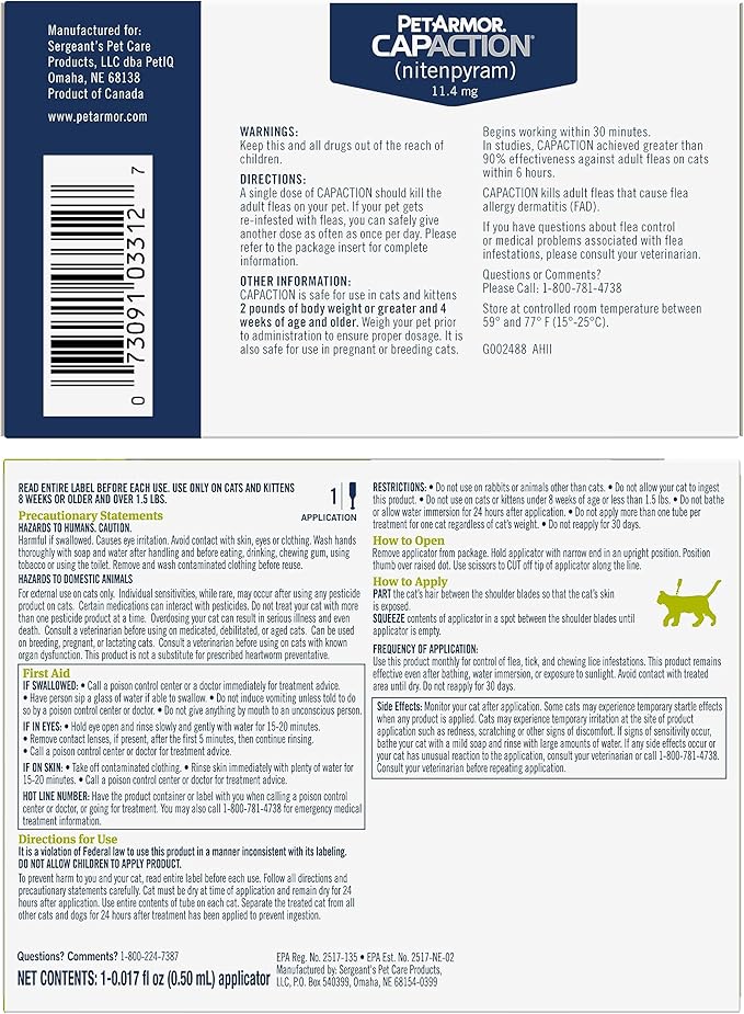 PetArmor CAPACTION (nitenpyram) Oral Flea Treatment for (Cat 6 Doses) + Bonus PetArmor Plus Flea and Tick Treatment & Prevention for Cats Over 1.5 lbs (1 Dose)