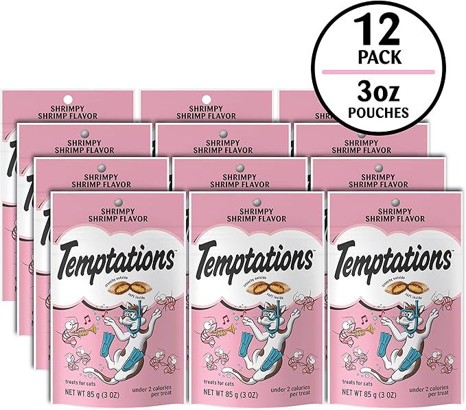 Temptations Cat Treats, Classic Crunchy and Soft Cat Treats, Shrimpy Shrimp Flavor, 3 oz. Pouch (Pack of 12)