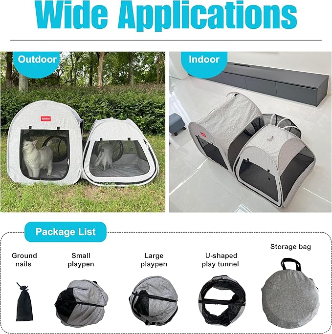 Portable Cat Playpen 2-Room with Tunnel, 3-in-1 Pop-up Cat Dog Crate Play Enclosure with Separate Areas, Foldable Pet Playpen for Puppy Kitten and Small Animals Indoor Outdoor