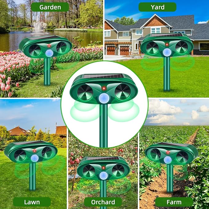 2026 Upgraded Solar Ultrasonic Animal Repellent Outdoor Deer Repellent Devices IP65 Waterproof Repeller with Motion Detection Coyote Light for Cat Rabbit Racoon Squirrel Dog Skunk Rodent,4 Pack