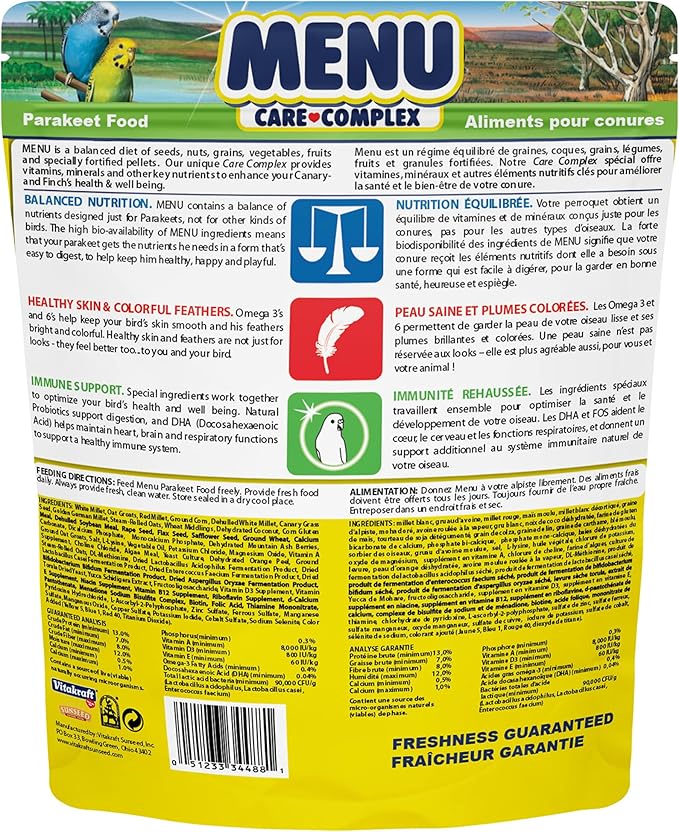 Vitakraft Menu Premium Parakeet Food - Vitamin-Fortified - Daily Pet Bird Food, 2.5 pounds