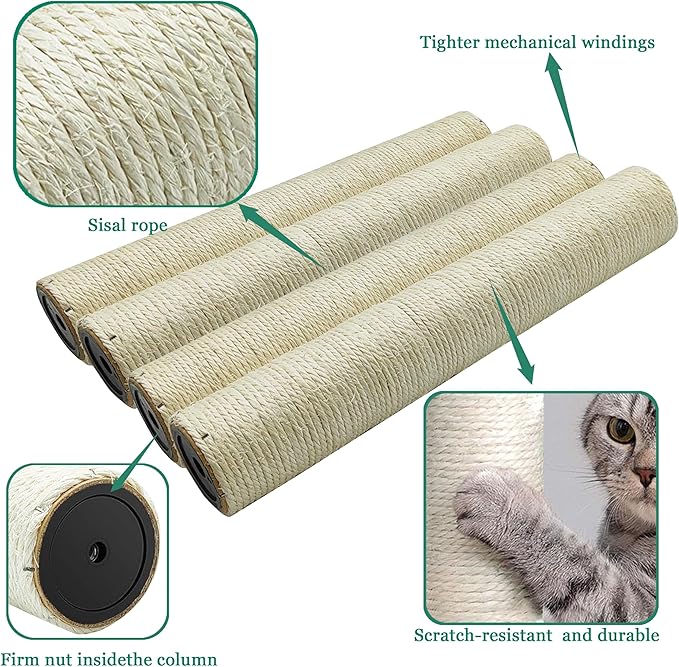 4 PCS Cat Scratching Post Replacement, 15.7in M8 Sisal Cat Tree Replacement Posts with Screws, Natural Sisal Refill Poles for Indoor Cat Tree Repair