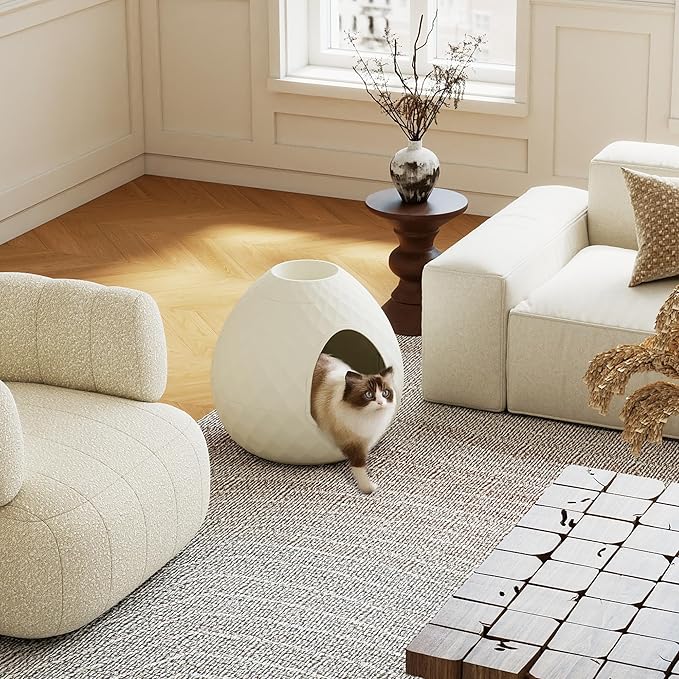 VIXZEN Cat Litter Box Enclosure - Hidden Litter Box with Removable Planter Top, Egg-Shaped Resin Design, Tool-Free Quick Assembly, Spacious Interior, Ideal for Indoor Use (White)