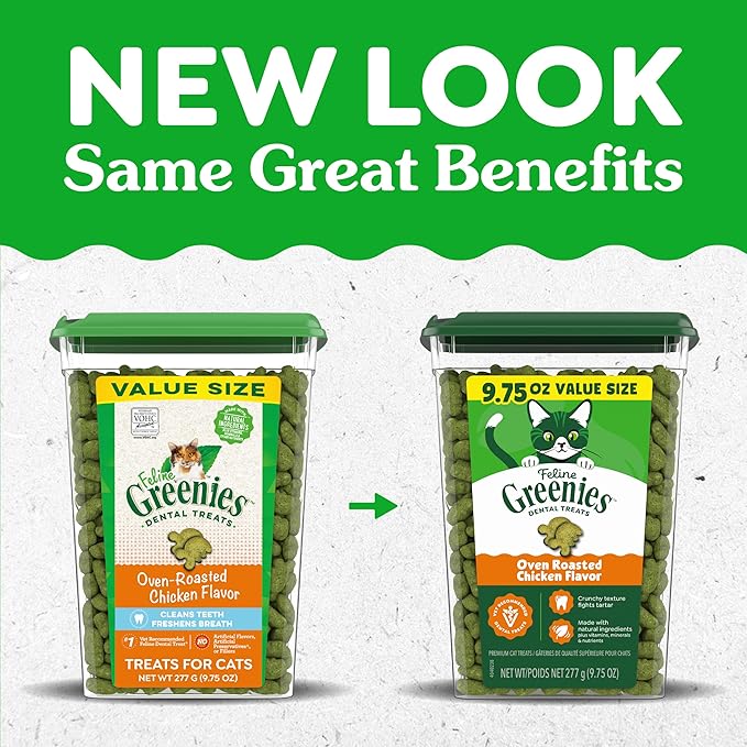 Greenies Cat Treats, Feline Veterinarian-Recommended Adult Natural Dental Cat Treats, Oven Roasted Chicken Flavor, 9.75 oz. Tub