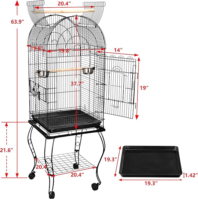 63.5 Inches Medium Bird Cage Open Top Parrot Cage with Detachable Stand, Rolling Wheels Lovebird Cockatiel Quaker Sun Parakeet Green-Cheek Conure Cage