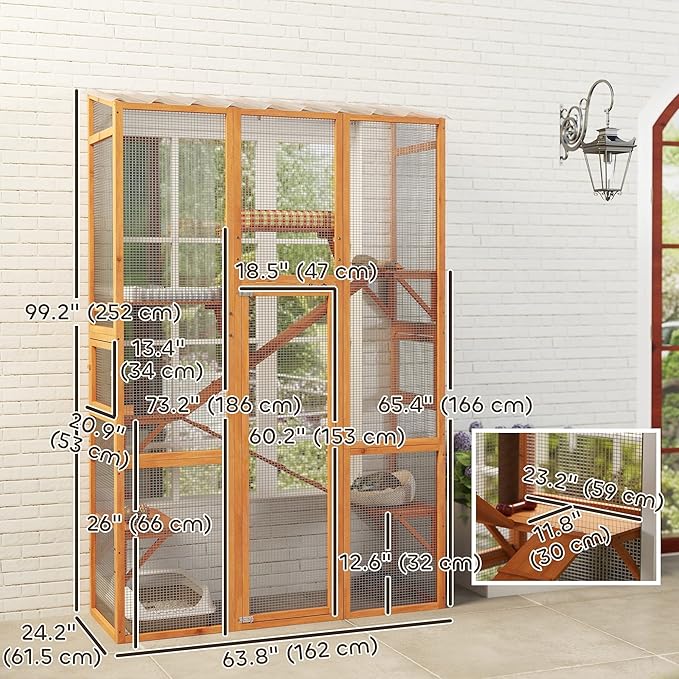 PawHut Outdoor Catio Cat Enclosure, Large Wooden Cat House with 6 Jumping Platforms, Scratching Post, 2 Ramps, Waterproof Roof, Cat Cage Window Access for 2-3 Kittens, 99" H, Orange