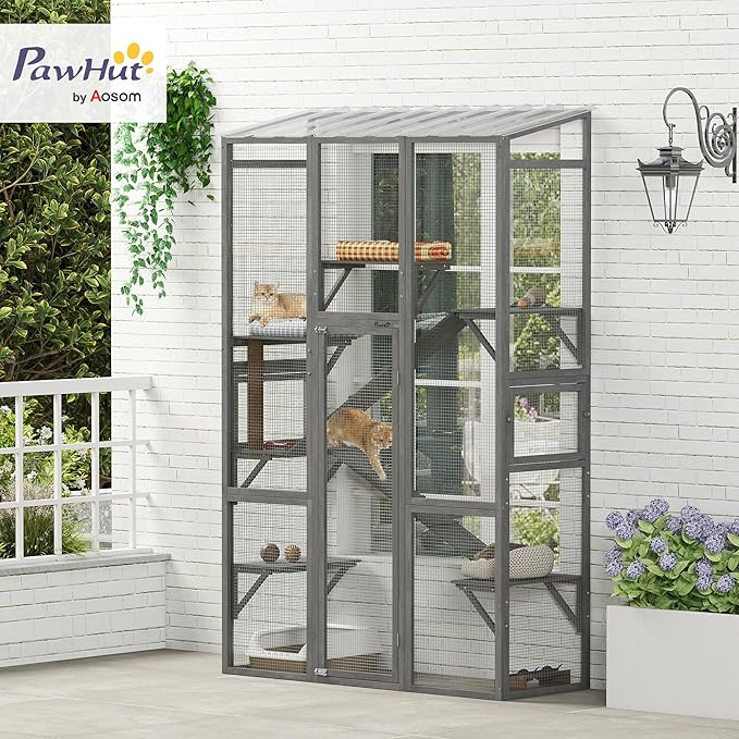 PawHut Outdoor Catio Cat Enclosure, Large Wooden Cat House with 6 Jumping Platforms, Scratching Post, 2 Ramps, Waterproof Roof, Cat Cage Window Access for 2-3 Kittens, 99" H, Gray
