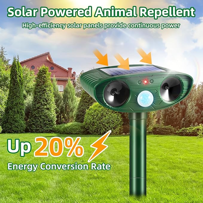 2026 Upgraded Solar Ultrasonic Animal Repellent Outdoor Deer Repellent Devices Motion Detection for Squirrel Raccoon Rabbit Dog Cat Deterrent Keep Rodent Chipmunk Away from Yard Lawn,4Pack
