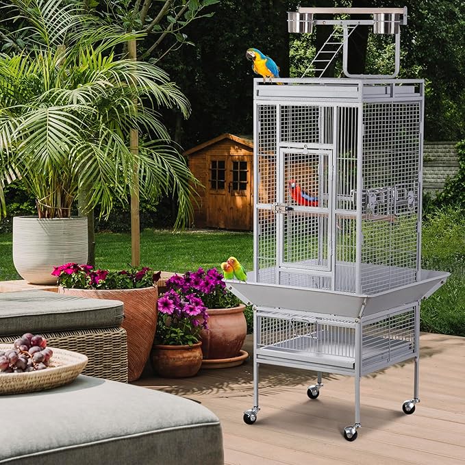 LEMY 61 Inch Bird Cage,Large Iron Flight Parakeet Cage with Play Top and Rolling Stand,White Indoor&Outdoor Use Birdcage for Parrots,Cockatiels,Conures,Lovebirds, Small Birds