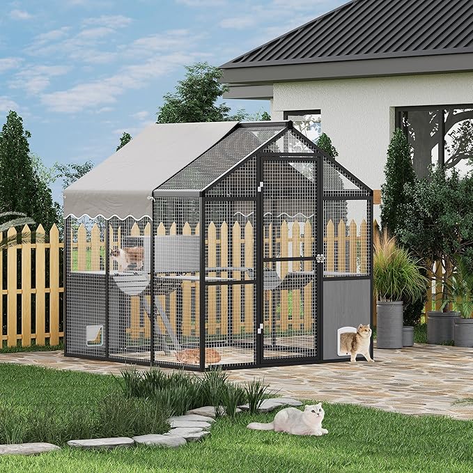 Large Outdoor Cat Enclosure for Multiple Cats - Weatherproof Catio with UV Cover, Platform & Side Door