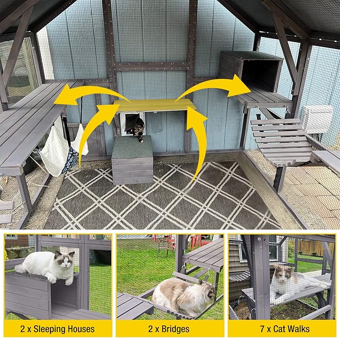 Aivituvin Catio Large Walk in Outdoor Cat Enclosure with Removable Back Door for Window and Pet Door Connection 110" D