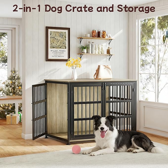 42'' Dog Crate Furniture Large Breed Dog Crate Dog Kennels for Inside Wooden Dog Crates End Table Heavy Duty Indoor Combination Cage for Medium to Large Dogs Maple