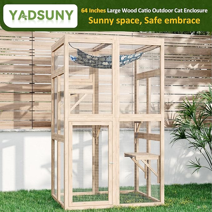 64 Inch Catio Outdoor Cat Enclosure, Large Cat House for Outdoor Cats with Updated Framework Structure, Outside Cat Patio Cattery Weatherproof for Multiple Cats, Natural