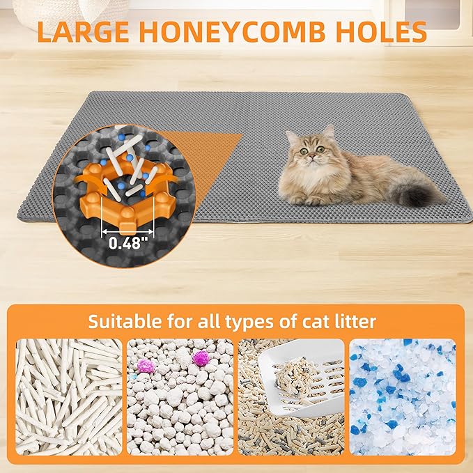 Cat Litter Mat for Litter Box, 30"×21" Large Double Layer Trapping Mat, Easy-Clean Scatter Non-Slip Water Proof Kitty Litter Pad, Grey