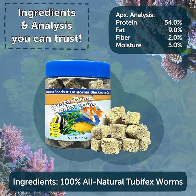 Aquatic Foods Inc. Tubifex Worms, Freeze Dried Tubifex Worm Cubes for Cichlids, Discus, Goldfish, Bettas, Marine Fish, All Tropical Fish, 12-Type Pellet Mix, 4-Type Wafer Mix Included..1.80oz Canister
