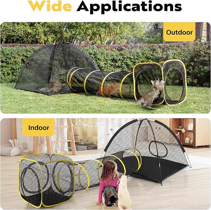 VIVOHOME Outdoor Cat Enclosures 3-in-1 Portable Catio w/Large Cat Tent, Tunnel, Playhouse, 5 Piece Door, Cat Leash, Mint Ball for Rabbits, Dogs and Feline Friends to Explore in Yard, Balcony, Camping