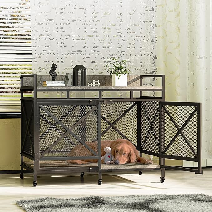 COZPAW 48 Inch Extra Large Furniture Dog Crate | Heavy Duty Wooden Indoor Dog Kennel with Caster Wheels | Decorative Pet House End Table |Light Grey