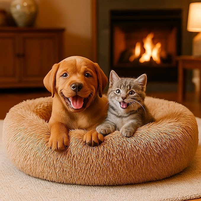 Calming Dog Bed - Fluffy Donut Cuddler for Anxiety Relief, Orthopedic Pet Bed with Non-Slip Bottom, Cozy Round Faux Fur Nest for Dogs and Cats, Plush Crate Mat for Comfort (Camel, Small)