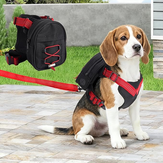 Dog Backpack Harness with Reflective Leash, Built in Poop Bag Dispenser, Adjustable Backpack for Small Dogs, Detachable Dog Back Pack for Outdoor Adventures, Puppy Training, Walking(Black,Medium)