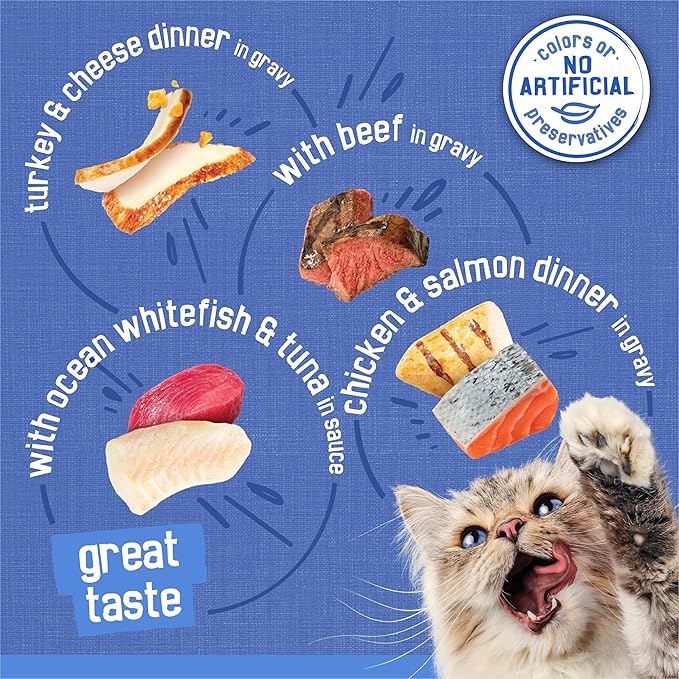 Friskies Purina Gravy Wet Cat Food Variety Pack,Savory Shreds with Beef,Turkey and Cheese Dinner,Chicken and Salmon Dinner,with Ocean Whitefish-and Tuna - 5.5 oz. Cans,(Pack of 64)