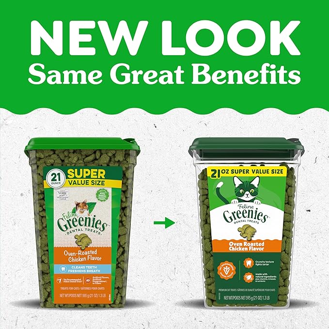 Greenies Cat Treats, Feline Veterinarian-Recommended Adult Natural Dental Cat Treats, Oven Roasted Chicken Flavor, 21 oz. Tub