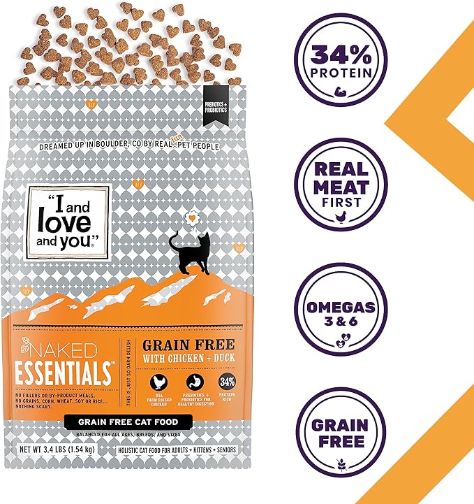 I AND LOVE AND YOU Naked Essentials Dry Cat Food - Chicken + Duck - Grain Free, Real Meat, No Fillers, Prebiotics + Probiotics, 3.4lb Bag (Pack of 2)