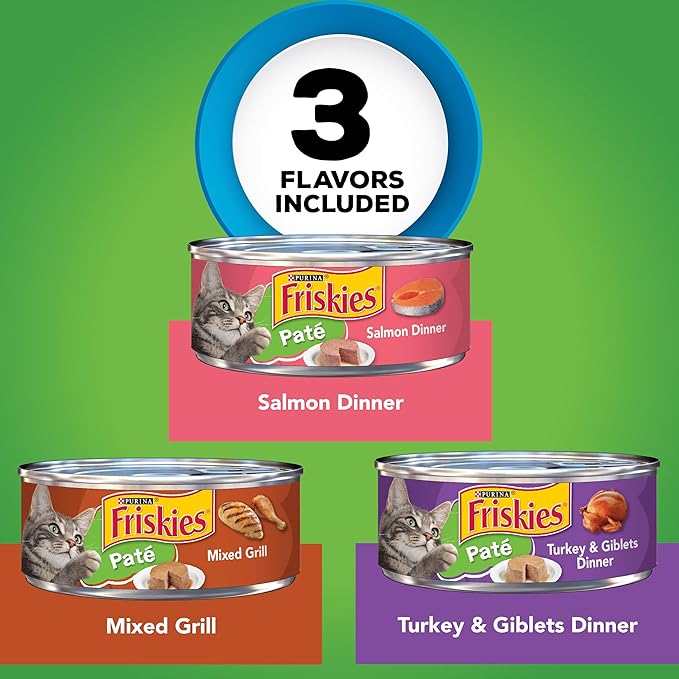 Purina Friskies Wet Cat Food Pate Variety Pack Salmon Dinner, Turkey and Giblets Dinner and Mixed Grill - (2 Packs of 12) 5.5 oz. Cans