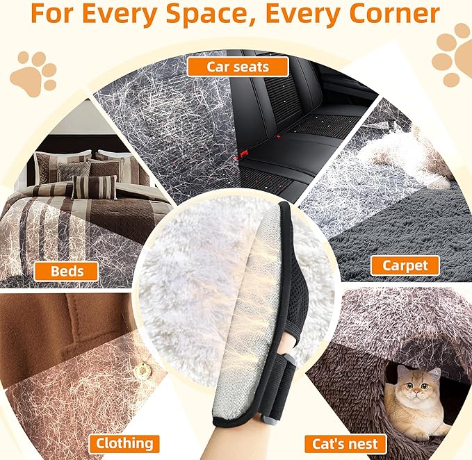 Pet Hair Removal Glove for Cats & Dogs, Patented Adjustable Strap, Reusable Five-Finger Grooming Glove with Secure Non-Slip Fit for Couch, Carpet, Clothing & Car Seat, 2 Pcs