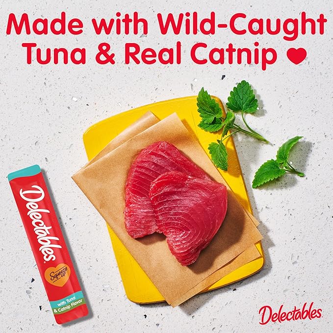 Delectables Squeeze Up Creamy Squeezable Puree, Lickable Wet Cat Treats, Grain Free, No Added Fillers, No by-Products, No Added Preservatives, 0.5 Ounces Tube Tuna with Catnip, 64 Tubes Total