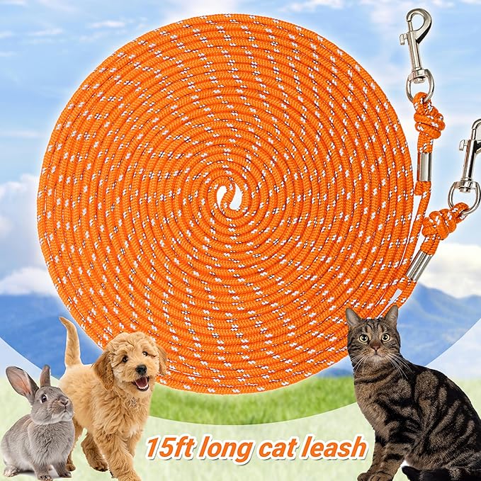 Reflective Cat Leash, 15ft Escape Proof Walking Lead Yard Long Leash, Extender Leash Training Playing Outdoor for Cats Puppy Kitten Small Dogs Rabbit Small Animals