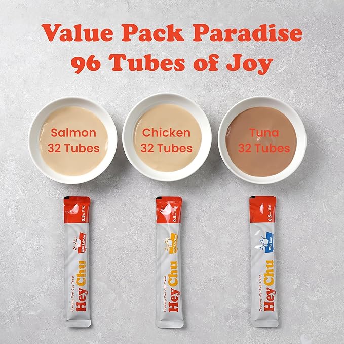Lickable Cat Treats - Grain-Free Squeezable Wet Cat Food Topper for Kittens & Seniors, Variety Pack (Tuna, Salmon, Chicken), 96 Tubes Bulk